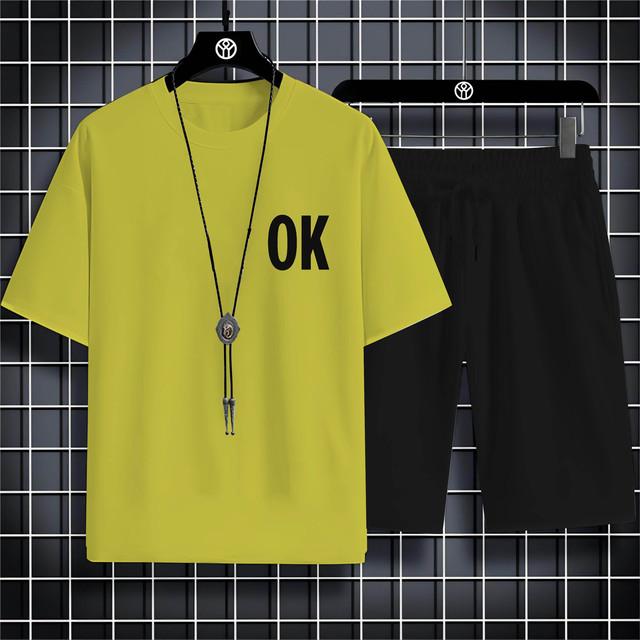 Four Seasons New Outdoor Sports Style 2d Letter Ok Printed Men'S O-Collar Comfortable Breathable Casual T-Shirt Set Quick Drying