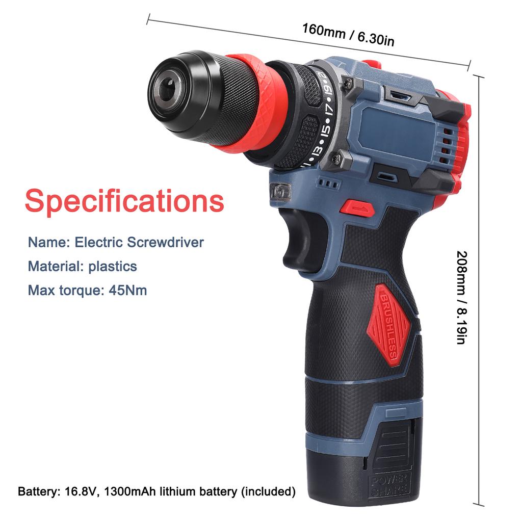 16.8V 2in1 Lithium Drill Electric Screwdriver Multifunction Power Tool Torque Brushless Motor