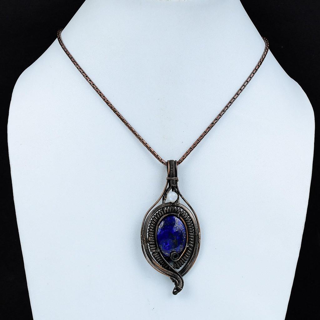 Beautiful Lapis Lazuli, Moonstone Gemstone Pure Copper Wire Wrapped Designer Handmade Pendant Jewelry Gift