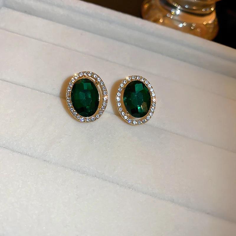 Vintage Emerald Green Rhinestone Stud Earrings For Women Inlaid Crystal Stud Earrings For Bridal Wedding Ear Jewelry Gifts