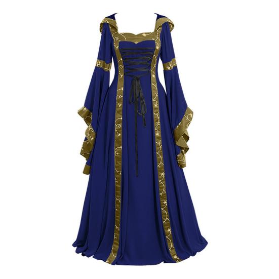 Women Dress Medieval Royal Style Lace-up Hooded Bat Sleeve Maxi Dress Waist-Cinching Square Collar Stage Performance Renaissance Cosplay Costume