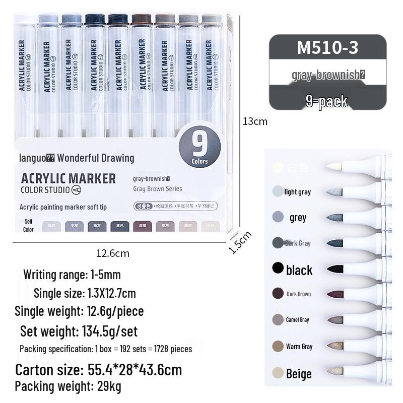 Blue Fruit M510 Soft Head Acrylic Marker Pen Set - 9 Colors for Art, Painting, and Graffiti