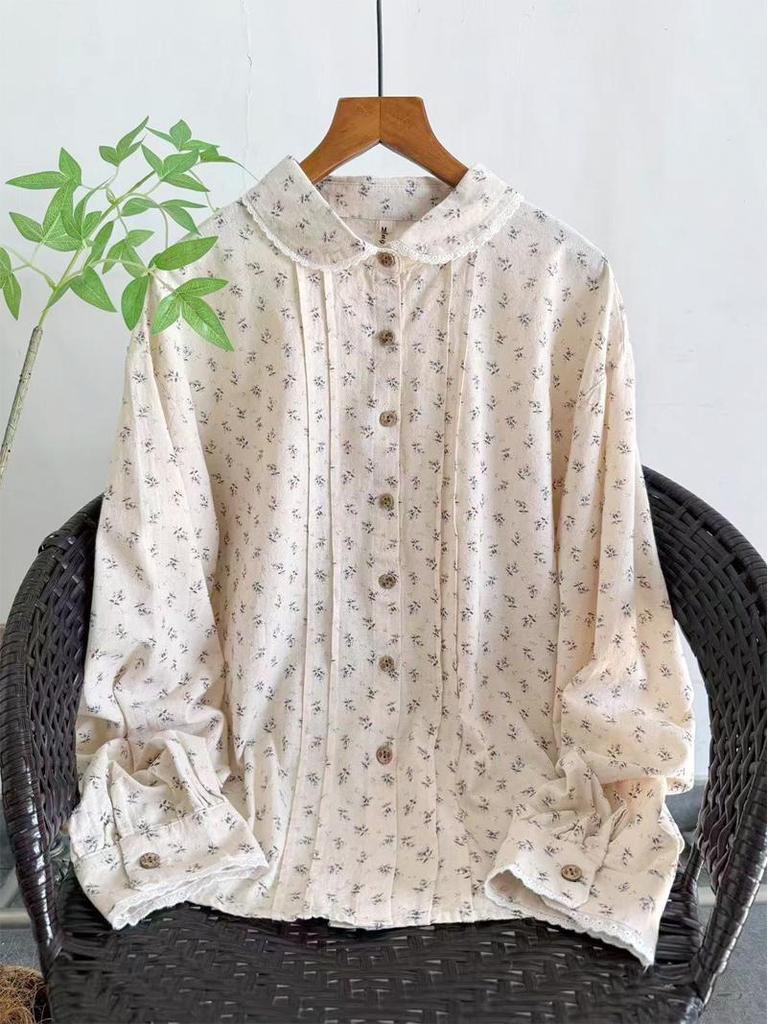Sweet Japanese-Style Floral Lace Doll Collar Pleated Long-Sleeve Women's Shirt for Spring