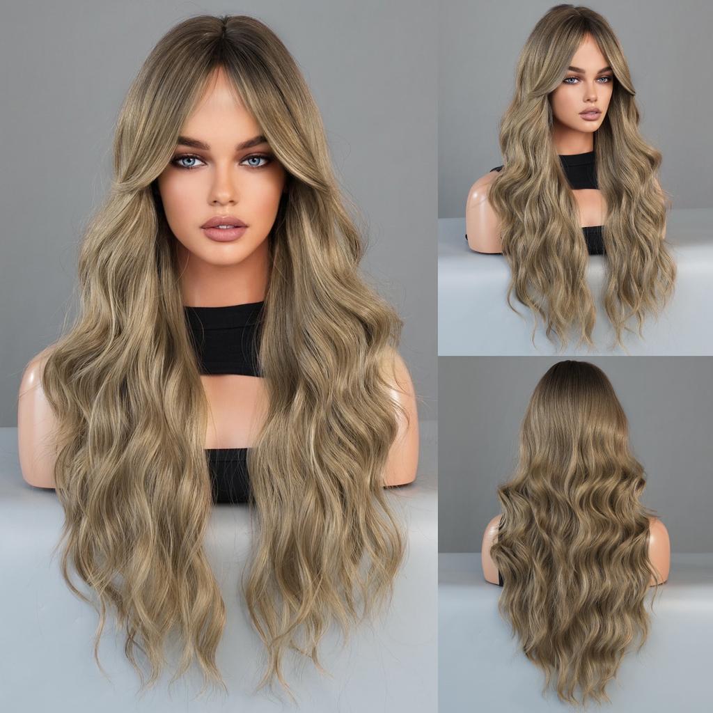 Synthetic Hair Ombre Blonde Wigs Long Wavy Middle Part Wig