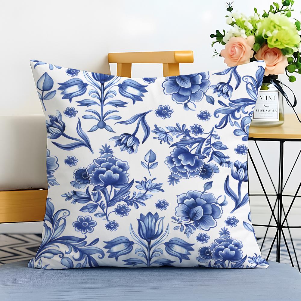 Blue and White Porcelain Cushion Cover Washable Linen Pillowcase Soft  for Sofa Bed Cozy Home Room Decor