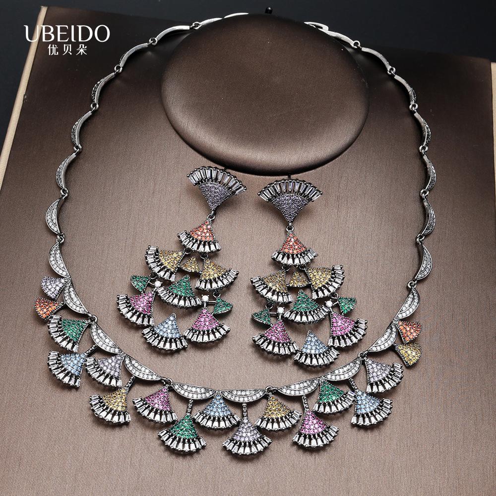 Art Deco Tiered Fan Fringe Choker Set Gunmetal Rainbow Crystal Tassel Statement Drop Earrings