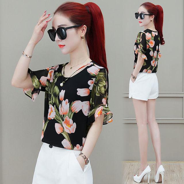 Шифоновая рубашка с цветочным принтом, женская блузка с короткими рукавами, летняя новинка, корейский свободный модный базовый топ M-4XL