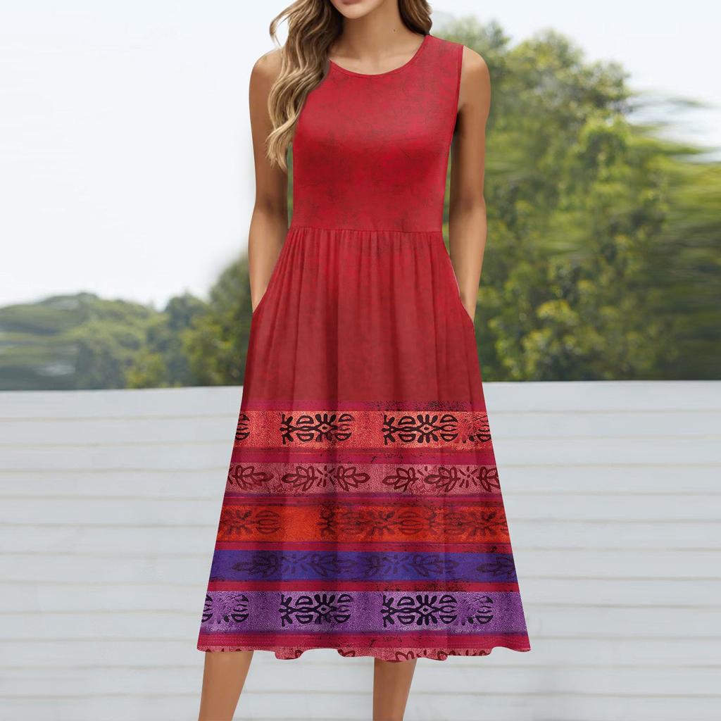 Женское модное платье средней длины с круглым вырезом и принтом без рукавов