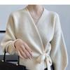 Autumn Bow Tie V-Neck Straps Knit Women's Short High Waist Cardigan Sweater Coat Sweet Short Top