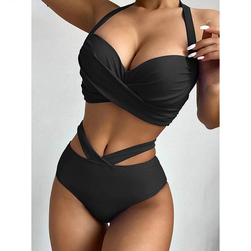 Push Up Bikini High Waist Swimsuits Twisted Swimwear Women  New Solid Biquini Halter Bathing Suit Cut Out Beach Wear EMA