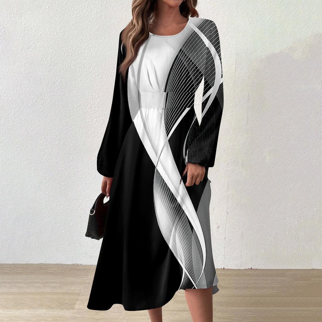 Женское осенне-зимнее повседневное модное платье с круглым вырезом и длинным рукавом с принтом