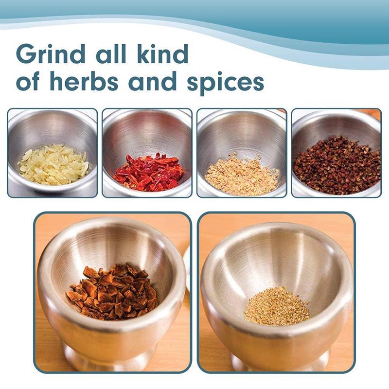 18/8 Stainless Steel Mortar and Pestle Spice Grinder with Silicone Dust Cover, Anti Slip Base and Comfy Grip - Dishwasher Safe