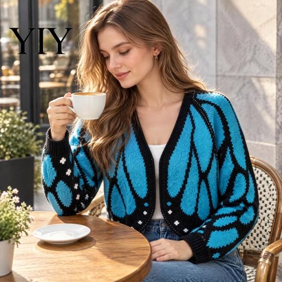 Soft Polyester Butterfly Pattern Sweater Knit Shawl Cardigan, Batwing Sleeve Open Front Poncho Creative Music Festival Outfit Cape, Colorblock
