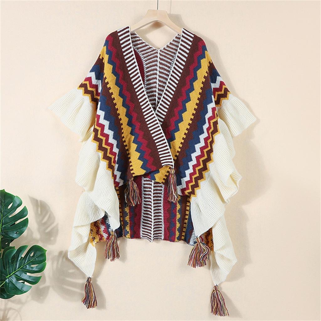 Womens Ethnic Retro Head Cape Thick Color Striped Shawl Scarf