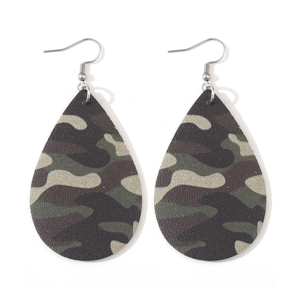 Cross-border new army green camouflage leather earrings, European and American retro exaggerated PU water drop-shaped leopard print earrings jewelry