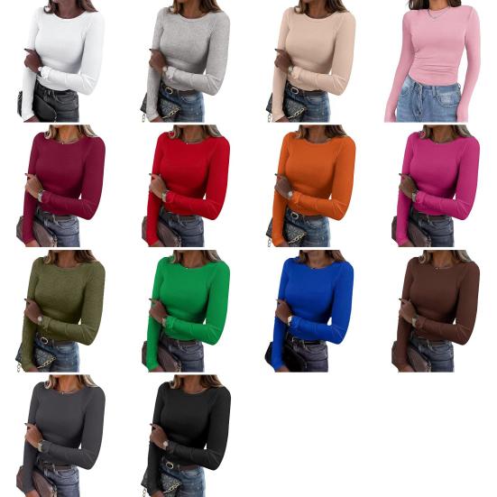 Женский ребристый топ с длинным рукавом, облегающий топ, стандартный крой, легкий, с круглым вырезом