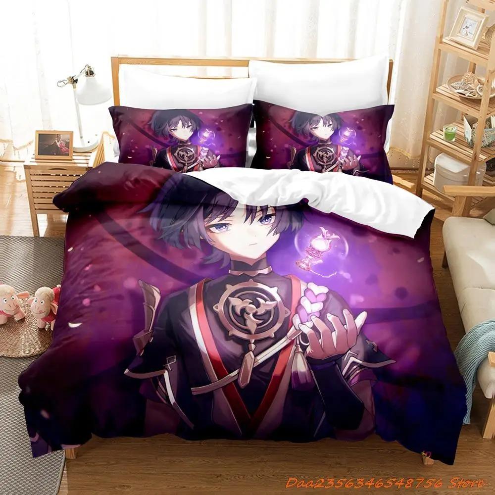 Sale Game Genshin Impact Scaramouche Bedding Collection Cartoon Anime ThreePiece Set Adult Kid Bedroom Duvetcover Collections 3D Kawaii
