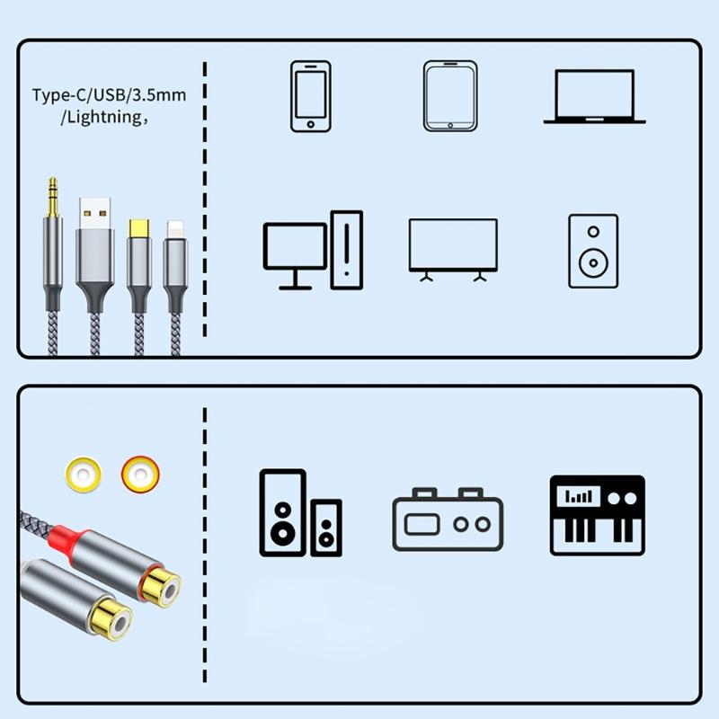 3-в-1 Аудиокабель-адаптер USB TypeC 3,5 мм на 2 RCA для усилителей, стереозвука, для подключения домашнего кинотеатра