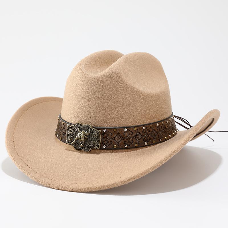 European and American retro western cowboy hat Tibetan big edge hat men's and women's jazz hat sunscreen riding hat cow head accessories top hat