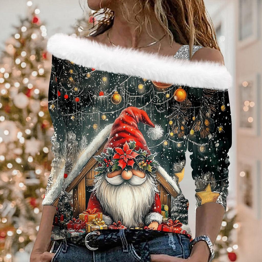 Женские топы с длинными рукавами. Модные женские свободные пуловеры с открытыми плечами с рождественским принтом.