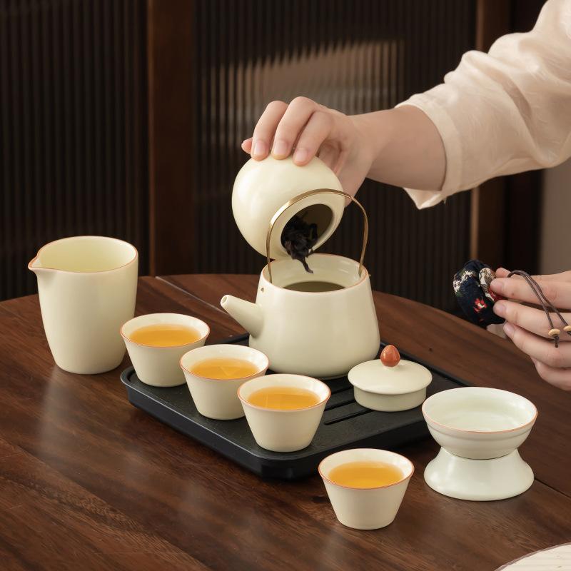 High-end Ru kiln tea set Ceramic Kung Fu tea set Household meeting guests make tea teacups for festivals