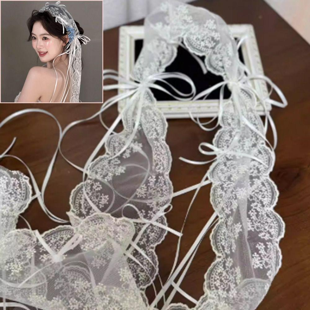 Retro Wedding Veil French Style Embroidered Bride Wedding Headwear Bride Lace Bow Long Headband