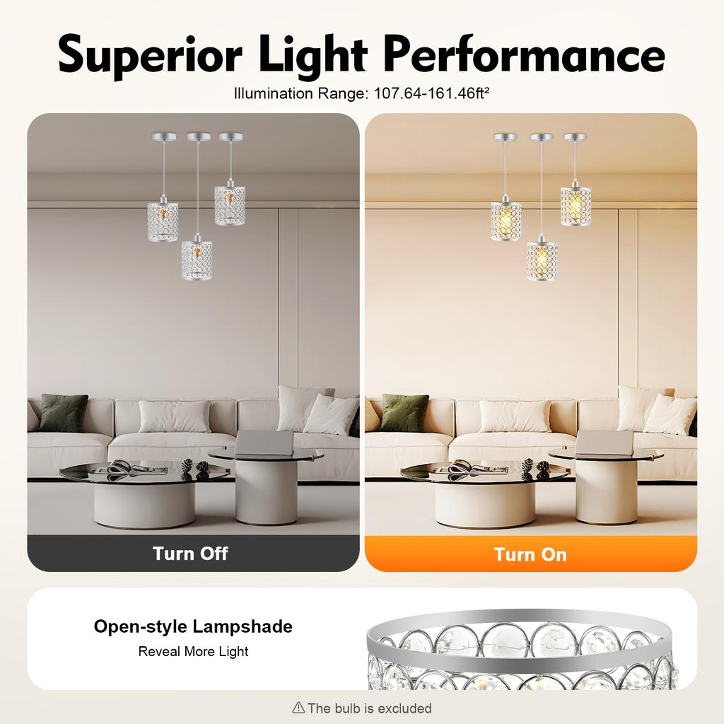 3PCS Silver Modern Crystal Ceiling Light Fixture, E12 Dimmable 40W with Adjustable Wire & Glass Shades, Easy Install for Home
