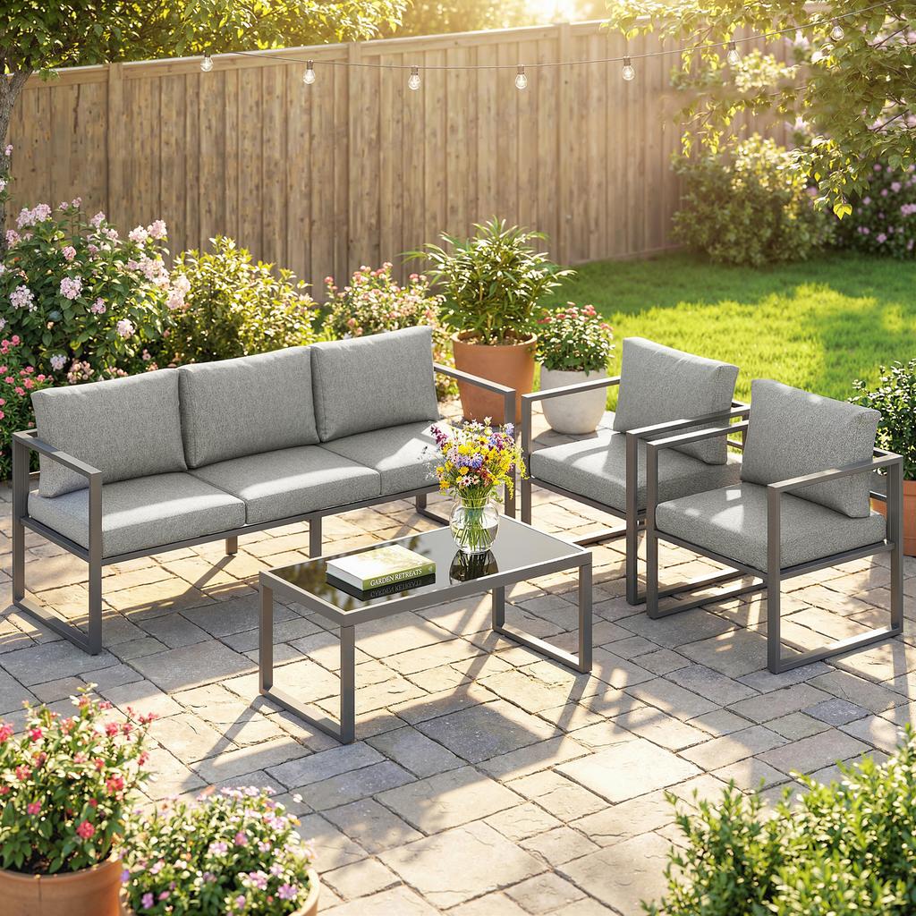 4 Piece Outdoor Garden Furniture Set Patio Furniture With 3 Seater Sofa Armchairs And Coffee Table
