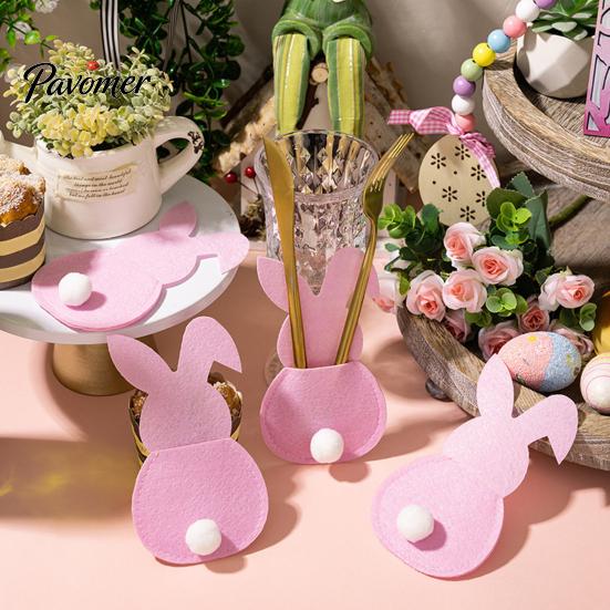 Easter Dinner Table Decor 4 Pcs Bunny Cutlery Holders, Felt Tableware Pouch Bags, Cute Rabbit Utensil Decorative Fork Spoon Sleeve, Spring Knife