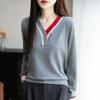 Elegant V-Neck Wool Knit Color Block Sweater - Women's Spring & Autumn Short Style, Age-Reducing Base Layer