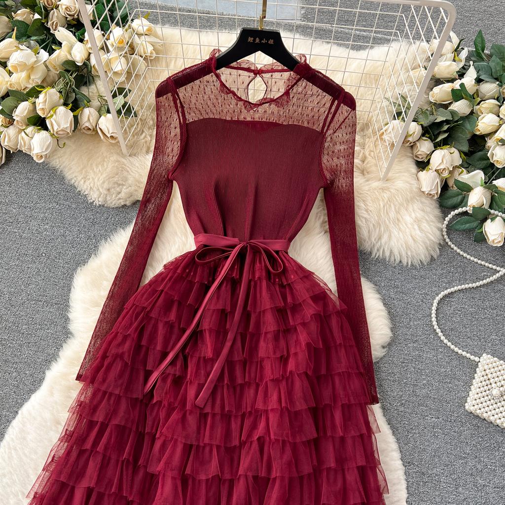 Зима Осень Элегантное Женское Кружевное Сетчатое Ажурное Лоскутное Платье Повседневное Женское Платье А-силуэта С Оборками Вечернее Платье-Торт