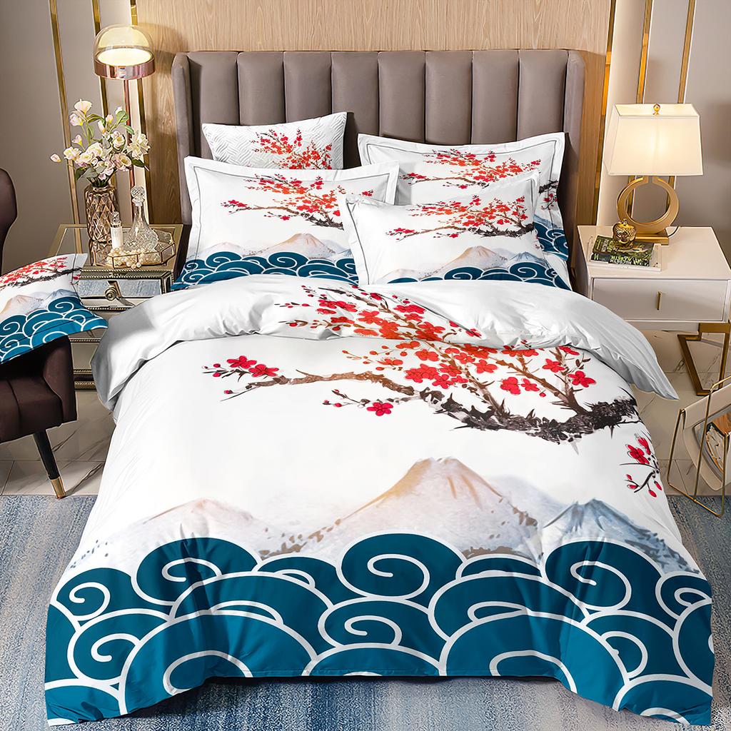 3D Three-Piece Ukiyo-E Painting Wave Flower Quilt Cover Digital Printing Bedding