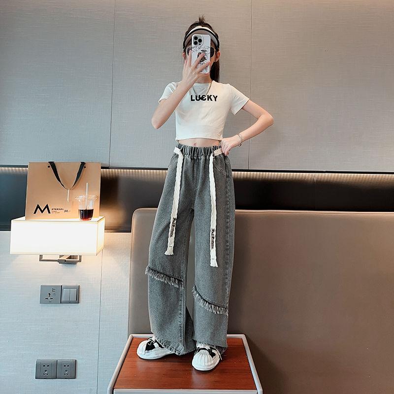 Девочки Джинсы широкие весна и осень Девочки Свободные Интернет Красные Ретро Синие Прямая труба Детские брюки