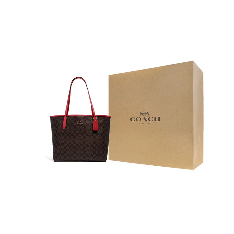 Coach City 33 Classic Monogram Faux Leather Tote Bag Women tote bags Red Brown 5696-IMRVQ