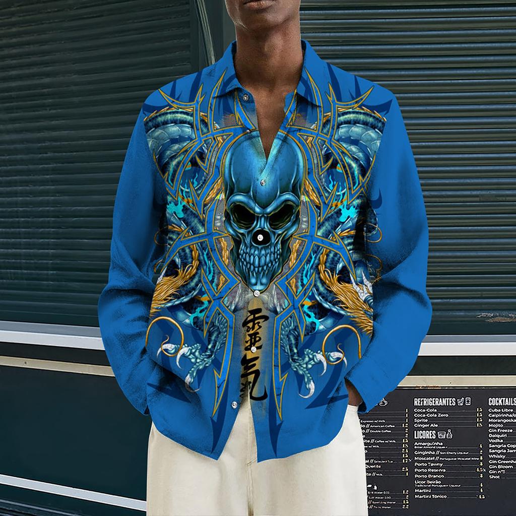 Мужские рубашки с длинным рукавом с принтом, повседневные свободные рубашки с длинным рукавом с принтом