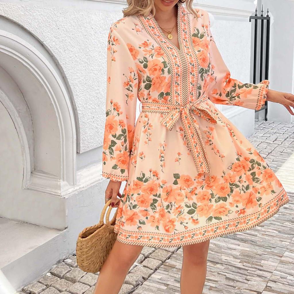 Весенние женские платья с V-образным вырезом и цветочным принтом, длинные рукава, завязки