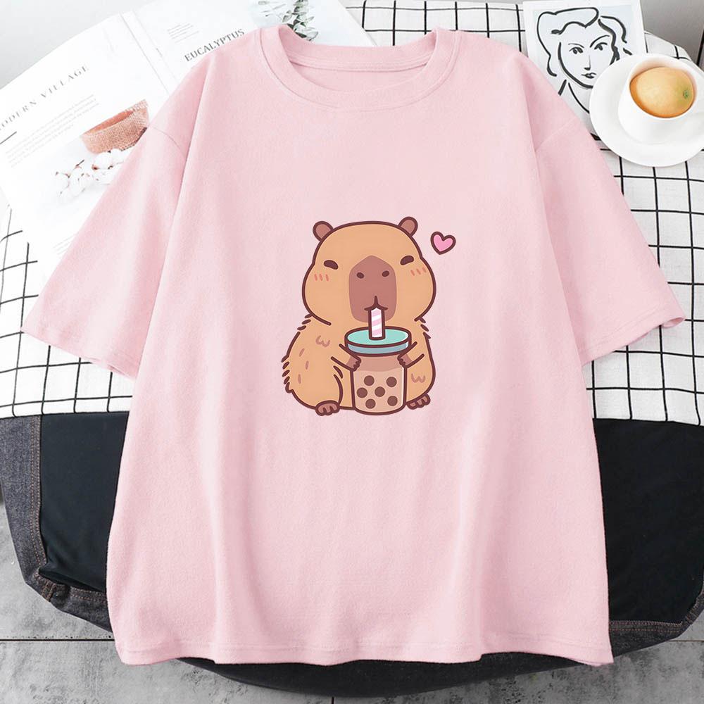 Футболка Capybara Loves Drinking Bubble Tea, 100% хлопок, летняя одежда, повседневная женская/мужская футболка Kawaii, милые рубашки для девочек, мода