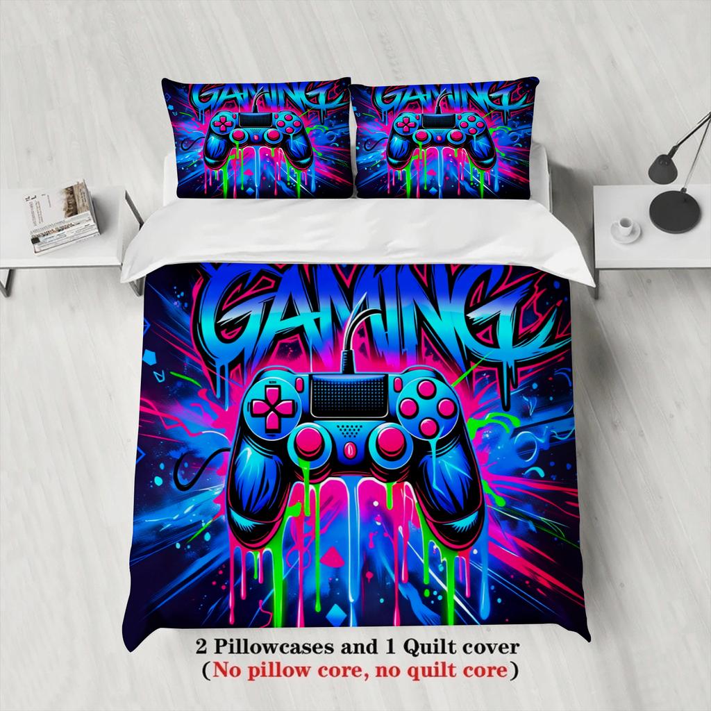 3PCS Neon Graffiti Gaming Controller Duvet Cover Set Vibrant Gaming Bedding for Teen Boys No Insert Queen Size Trendy Room Decor