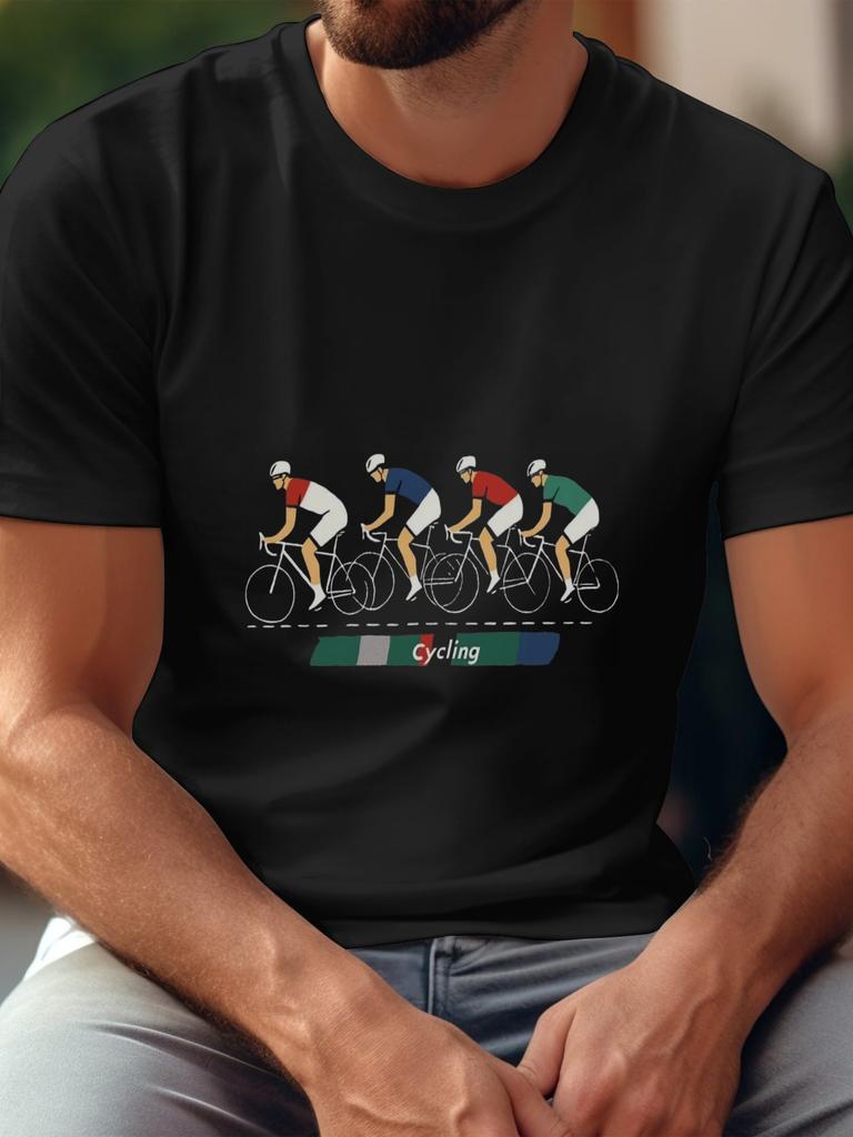 1pc Cycling Graphic T-shirt - 180g Cotton Crew Neck Short Sleeve with Minimalist Cyclist Illustration