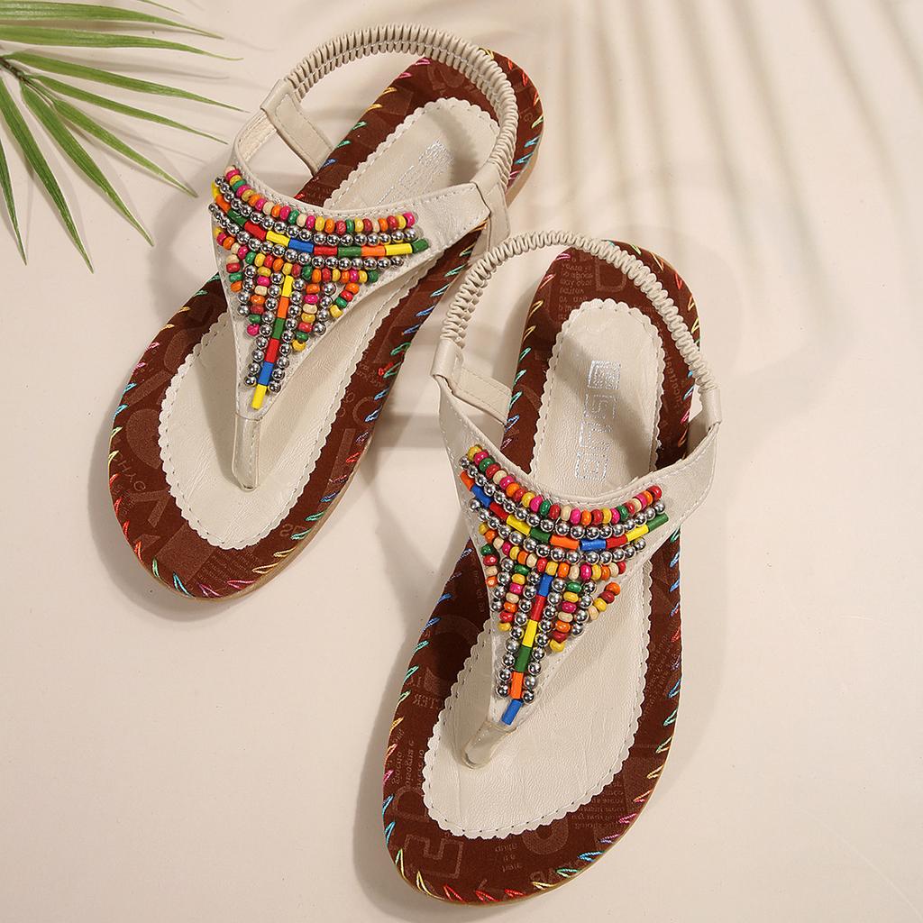 Новые богемные сандалии женские с бусинами на плоском каблуке трендовые с перемычкой для пальца сандалии-елочка