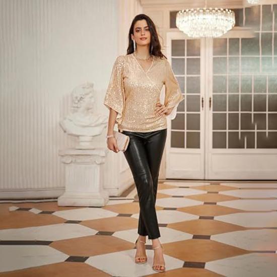 Women's Spring and Autumn Fashion Sequin Hipped Trumpet Sleeve V-neck Slim Party Pullover Top