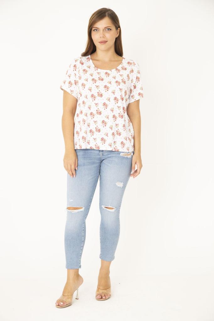 Женская блузка большого размера Плюс размер костяной хлопчатобумажной ткани с круглым вырезом и узором Блузка