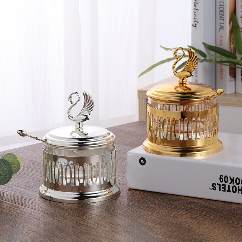 Creative Gold-plated Metal Glass Seasoning Jar Spice Pepper Box Restaurant Sugar Jar Swan Grain Salt Pot Kitchen Storage Utensil