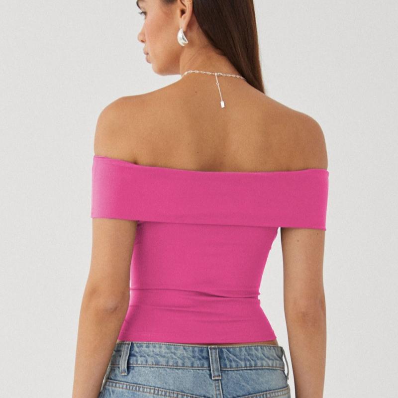 Летняя новая сексуальная футболка на одно плечо без бретелек, женская модная однотонная облегающая повседневная футболка, женская элегантная укороченная футболка с открытыми плечами 24770