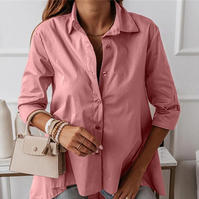 Women Spring Autumn Long Sleeve Lapel Solid Color Loose Irregular Long Shirt Blouse Top