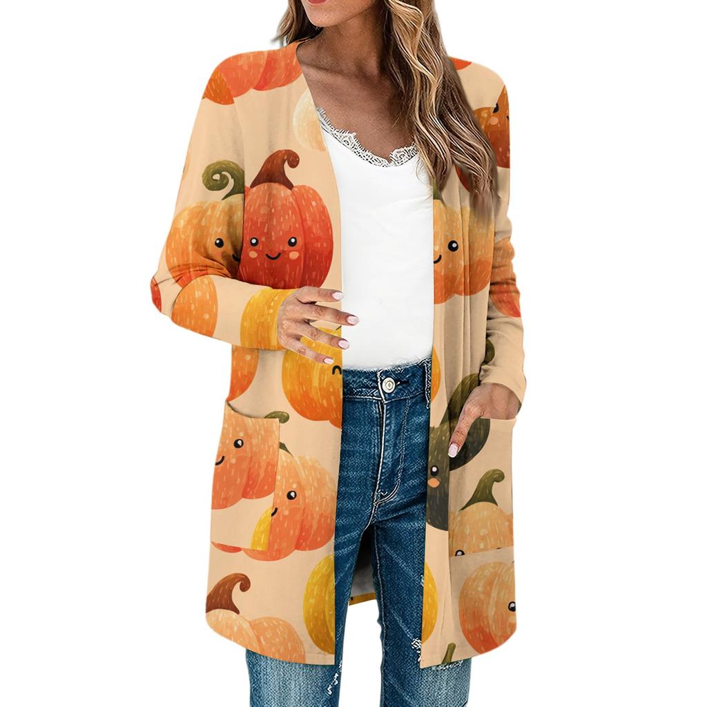 Женские легкие кардиганы с длинным рукавом и открытой передней частью, легкое винтажное пальто с длинным рукавом и принтом, с карманами