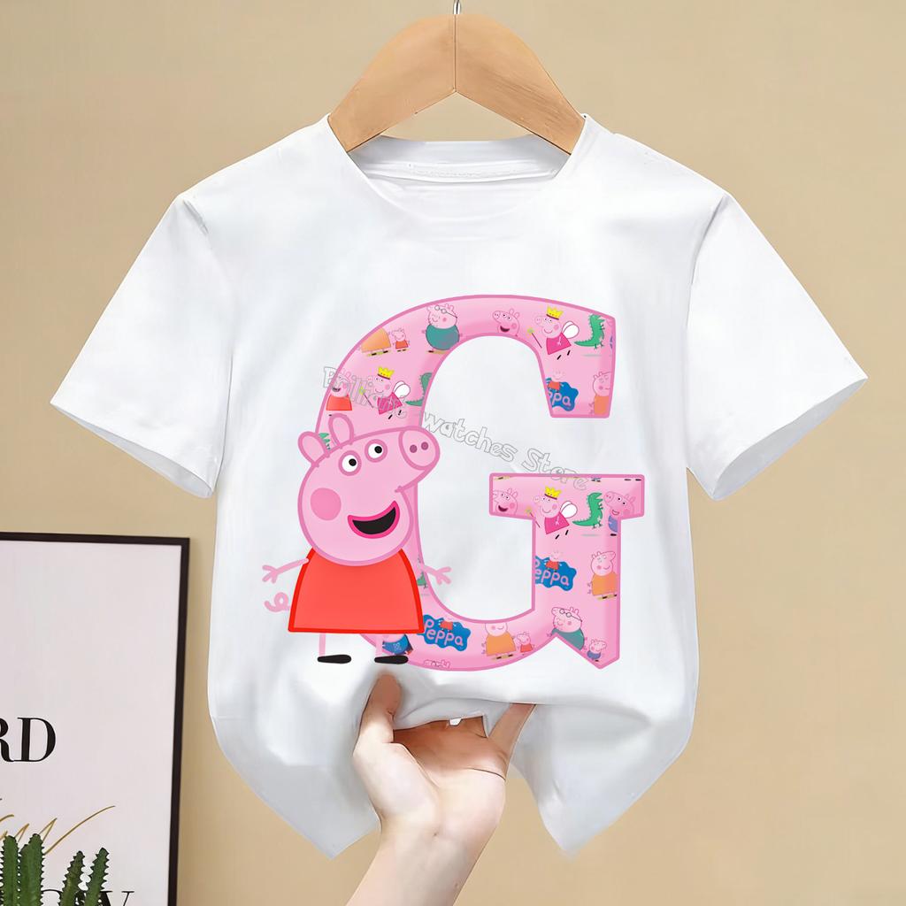 Peppa Pigs T-shirt for Children Cartoon Letter A-Z Tee Top Kawaii Anime Round Collar Clothes Boys Girls White Clothing Kids Gift