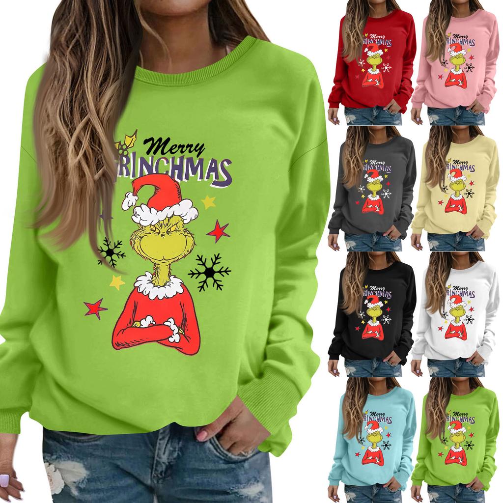 Women's Fashion Casual Long Sleeve Solid Color Christmas Printed Round Neck Top Sweatshirt