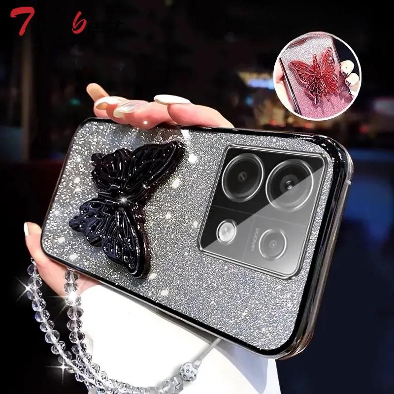 3D Butterfly Phone Holder Crystal Bracelet Glitter Plating Case for Xiaomi Redmi Note 13 12 11 11S 10 10S 9 8 Pro Plus 4G 5G