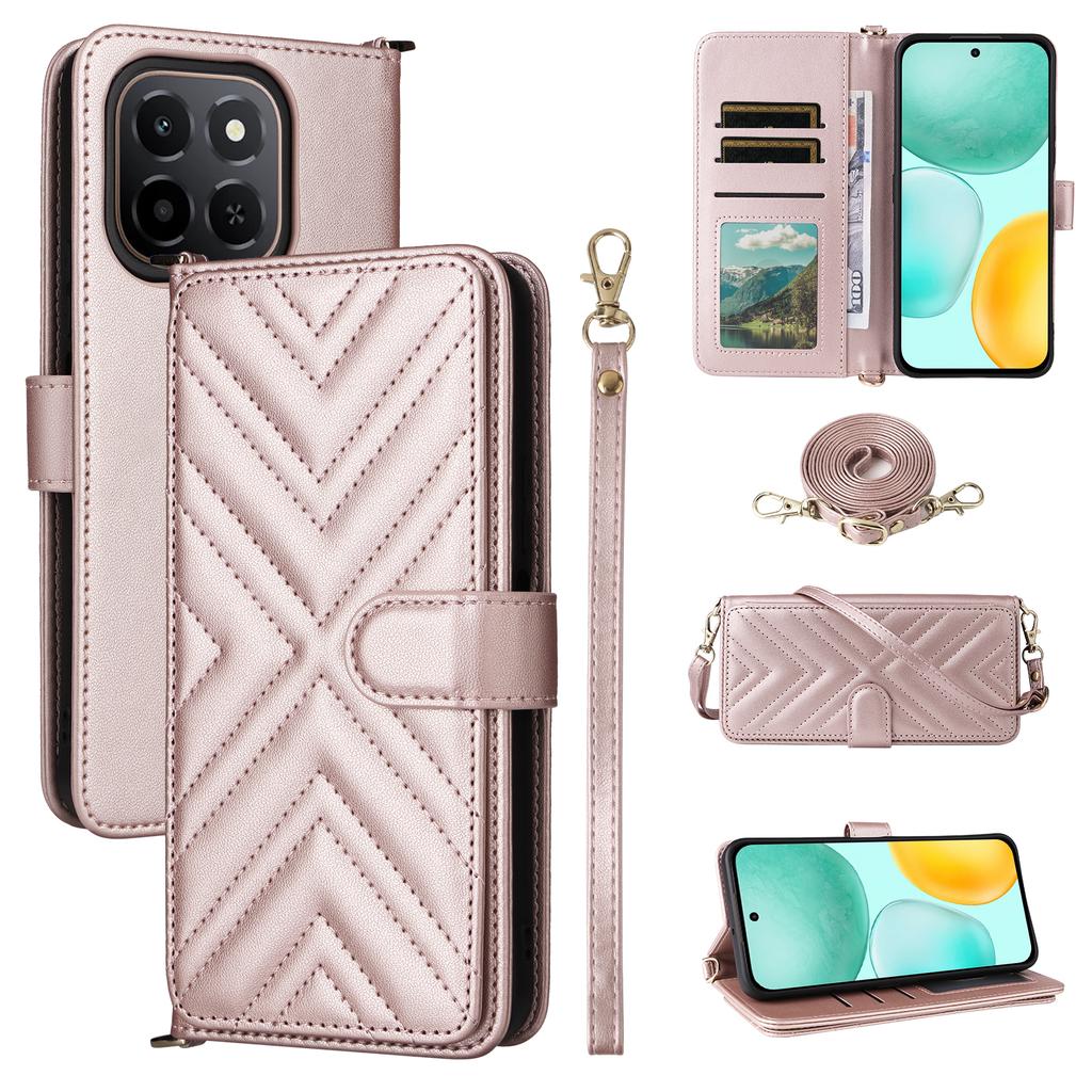 For Honor X6c 4G Case with Shoulder/Wrist Strap Leather Phone Cover Stand Wallet